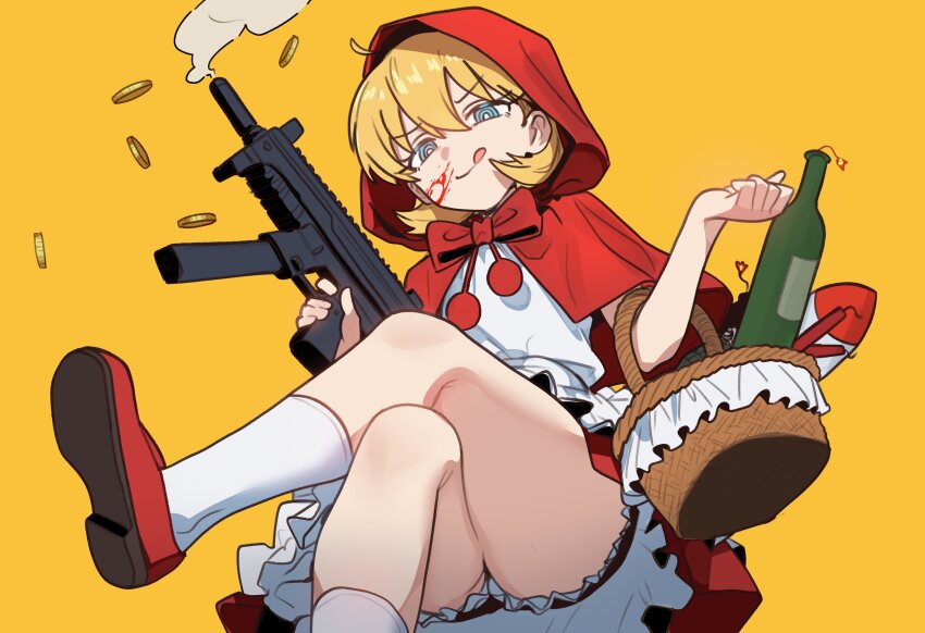 1girl absurdres b.b._hood basket blonde_hair blood_on_cheek bloomers blue_eyes bottle bright_pupils capelet crossed_legs darkstalkers ebora gun highres holding holding_basket holding_gun holding_weapon machine_gun red_capelet red_hood red_shoes shoes short_hair simple_background socks solo thighs underwear weapon white_bloomers white_pupils white_socks wine_bottle yellow_background