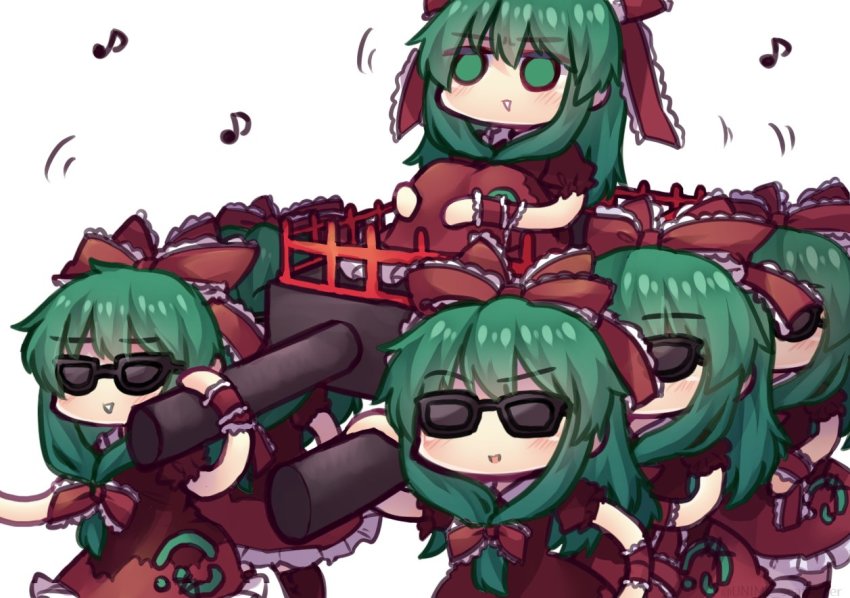 6+girls arm_ribbon assisted_carrying blush boots brown_footwear carrying commentary_request cross-laced_footwear dancing dancing_pallbearers_(meme) dress frilled_dress frilled_ribbon frills green_eyes green_hair hair_ribbon kagiyama_hina long_hair meme multiple_girls musical_note parody red_dress red_ribbon ribbon simple_background sitting solid_circle_eyes sunglasses touhou triangle_mouth unime_seaflower white_background