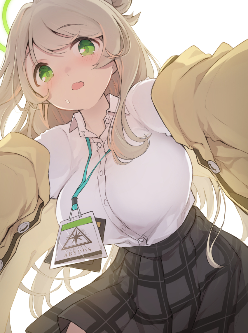 1girl black_skirt blue_archive blush breasts brown_hair cardigan collared_shirt duplicate green_eyes green_halo halo highres id_card large_breasts long_hair looking_at_viewer miya_kazutomo nonomi_(blue_archive) open_mouth pixel-perfect_duplicate plaid_clothes plaid_skirt shirt simple_background skirt solo white_background white_shirt yellow_cardigan