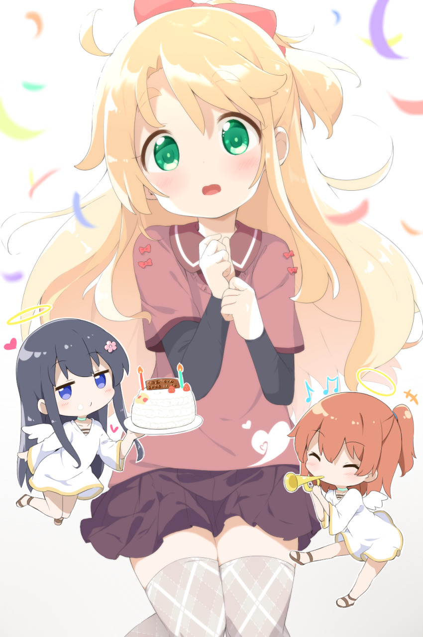 +++ 3girls ^_^ beamed_eighth_notes black_hair blonde_hair blush bow brown_background brown_footwear brown_hair brown_shirt brown_skirt brown_thighhighs cake candle closed_eyes closed_mouth commentary_request confetti dress eighth_note fire food gradient_background green_eyes hair_bow head_tilt highres himesaka_noa holding holding_instrument hoshino_hinata instrument layered_sleeves long_sleeves looking_at_viewer makuran mini_person minigirl multiple_girls musical_note open_mouth plaid_clothes plaid_legwear plaid_thighhighs pleated_skirt ponytail purple_eyes red_bow sandals shirosaki_hana shirt short_over_long_sleeves short_sleeves skirt thighhighs translation_request trumpet watashi_ni_tenshi_ga_maiorita! white_background white_dress wide_sleeves