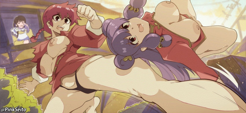 3girls absurdres black_panties braid braided_ponytail breasts breasts_out chinese_clothes dodging flying_kick highres kicking large_breasts multiple_girls nipples open_mouth orphen_(pink_seito) panties purple_hair ranma-chan ranma_1/2 red_hair shampoo_(ranma_1/2) tangzhuang tendou_kasumi underwear
