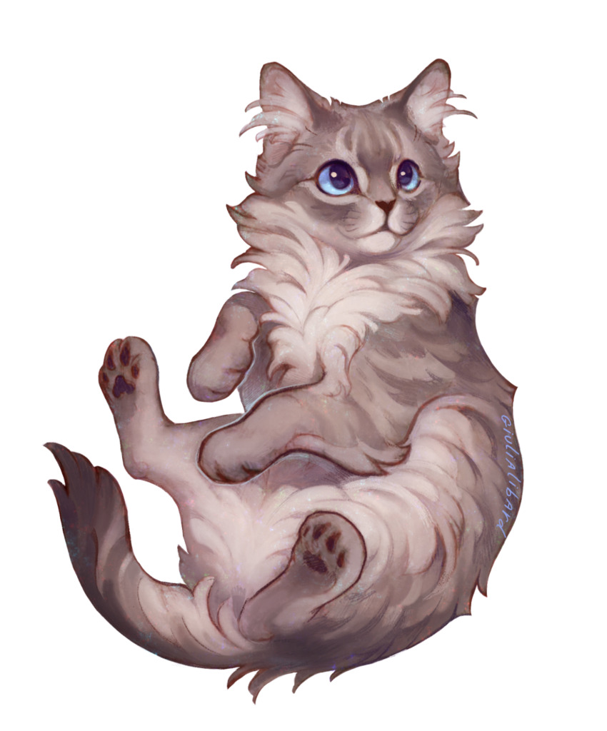 :3 animal animal_ear_fluff animal_focus baby_animal blue_eyes cat fluffy giulialibard grey_cat grey_fur highres kitten no_humans original pawpads realistic signature simple_background solo tail white_background