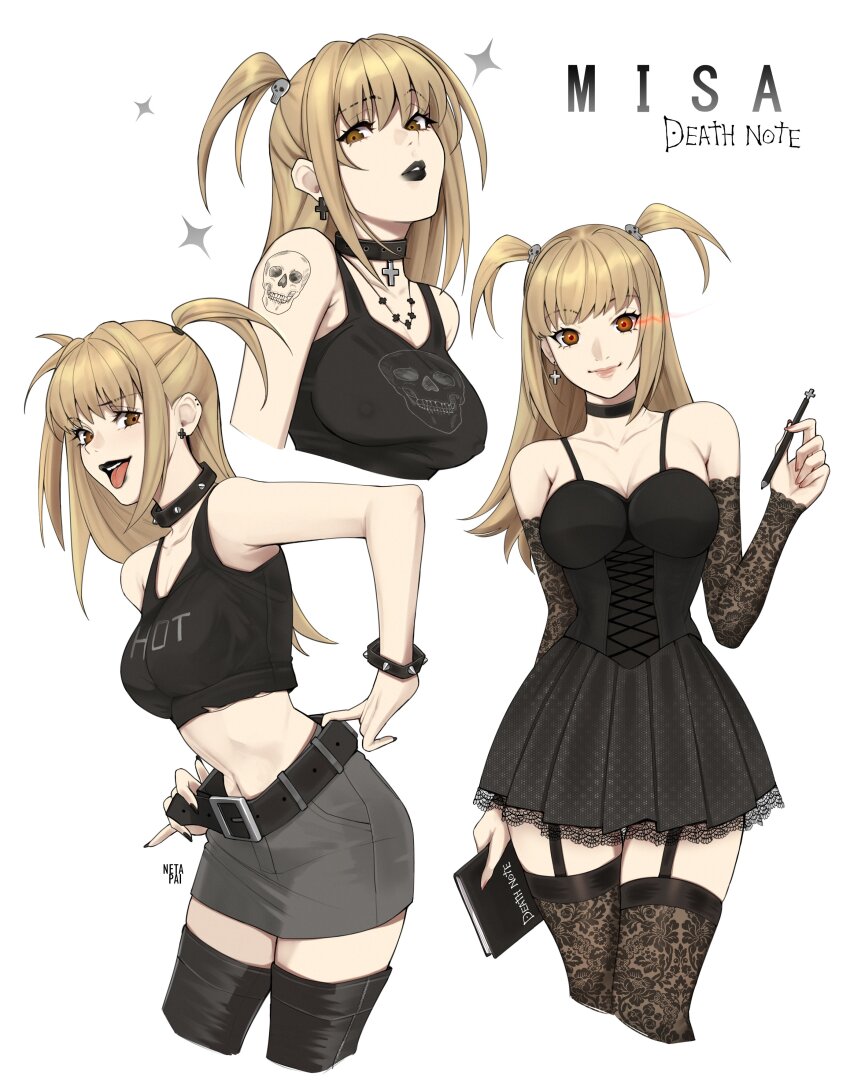 1girl absurdres amane_misa black_choker black_nails choker death_note highres lipstick long_hair looking_at_viewer makeup nail_polish netapai1 orange_eyes smile tongue tongue_out two_side_up white_background