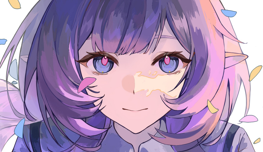 1girl absurdres blue_eyes chinese_commentary closed_mouth commentary_request confetti elf elysia_(honkai_impact) highres honkai_(series) honkai_impact_3rd long_hair looking_at_viewer pink_hair pointy_ears portrait qianzao_a_nong_yi_dongbudong simple_background solo white_background