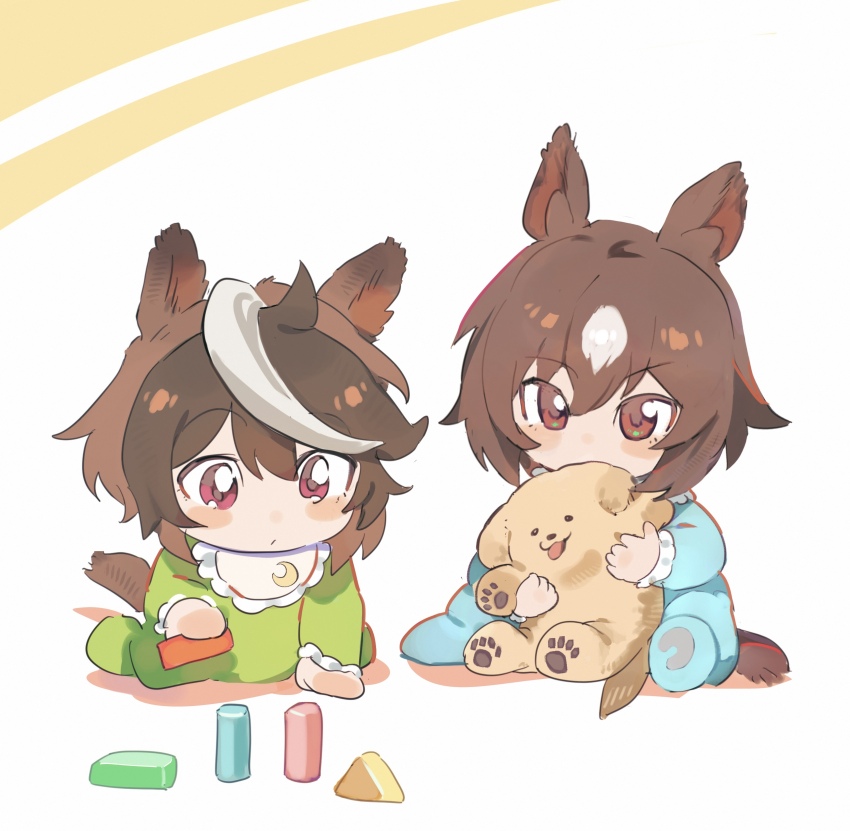 2girls absurdres aged_down all_fours animal_ears baby bib blush_stickers bojue_(hakus_1128) brown_hair highres holding holding_stuffed_toy horse_ears horse_girl horse_tail multicolored_hair multiple_girls onesie pink_eyes red_eyes short_hair sirius_symboli_(umamusume) sitting streaked_hair stuffed_animal stuffed_dog stuffed_toy symboli_rudolf_(umamusume) tail toy_block umamusume