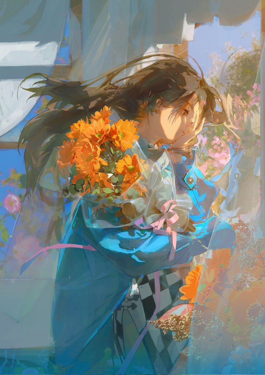 1girl apron black_apron blue_coat blue_sky bouquet brown_eyes brown_hair buttons checkered_apron checkered_clothes closed_mouth coat collared_shirt cowboy_shot curtains day expressionless eyelashes floating_hair flower hand_on_own_cheek hand_on_own_face highres holding holding_bouquet indoors long_hair long_sleeves open_clothes open_coat orange_flower original pink_flower pink_ribbon redum4 reflection ribbon shirt sky solo two-tone_apron white_apron white_shirt window