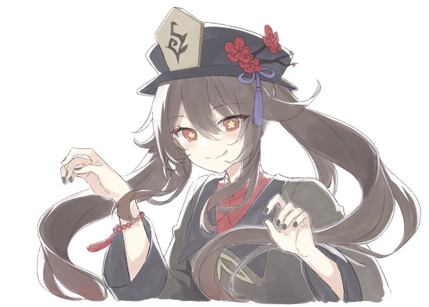 1girl :q bead_bracelet beads black_hat black_nails blush bracelet brown_hair flower flower-shaped_pupils genshin_impact hair_between_eyes hat hat_flower hu_tao_(genshin_impact) jewelry long_hair looking_at_viewer nail_polish red_eyes shirase_(shirose) sidelocks simple_background solo symbol-shaped_pupils tassel tongue tongue_out twintails upper_body white_background wide_sleeves