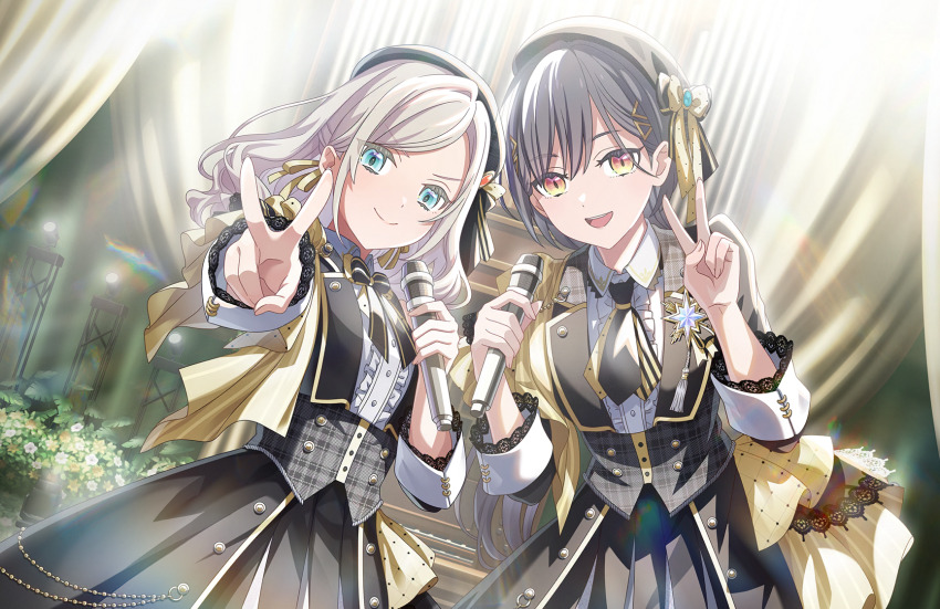 &gt;:) 2girls :d black_bow black_bowtie black_hair black_jacket black_necktie black_skirt bow bowtie center_frills ceras_yanagida_lilienfeld closed_mouth collared_shirt cowboy_shot dutch_angle edel_note frills game_cg hair_ornament highres holding holding_microphone in-universe_location jacket katsuragi_izumi layered_necktie link!_like!_love_live! looking_at_viewer love_live! microphone multiple_girls necktie non-web_source official_art open_clothes open_jacket open_mouth orange_eyes pleated_skirt shirt short_necktie skirt slit_pupils smile striped_clothes teeth theater_ikizama three-quarter_sleeves triangle_hair_ornament upper_teeth_only v v-shaped_eyebrows vertical-striped_clothes vertical-striped_necktie virtual_youtuber white_shirt yellow_bow yellow_bowtie yellow_necktie