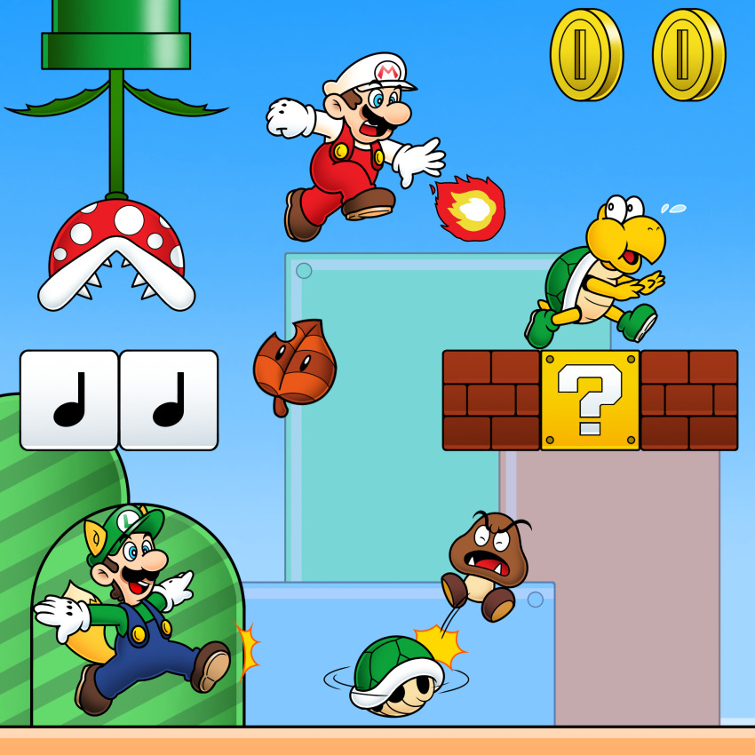 2boys ?_block animal_ears blue_eyes brothers brown_hair coin coins day facial_hair fire fire_mario gloves gold_coin goomba green_shell_(mario) grin hat highres jumping koopa_shell koopa_troopa luigi mario mario_(series) multiple_boys musical_note musical_note_block mustache nintendo note_block_(mario) overalls piranha_plant power-up raccoon_ears raccoon_luigi rukisan_1117 running serious siblings smile super_leaf super_mario_bros._3 tail warp_pipe