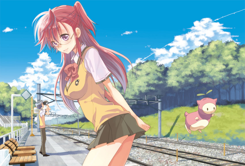 10s 1boy 1girl ano_natsu_de_matteru blue_hair blue_sky camera chair cloud day doku_ta_pepperko glasses highres kirishima_kaito purple_eyes railroad_tracks red_hair rinon_(ano_natsu_de_matteru) school_uniform sky sweater_vest takatsuki_ichika train_station