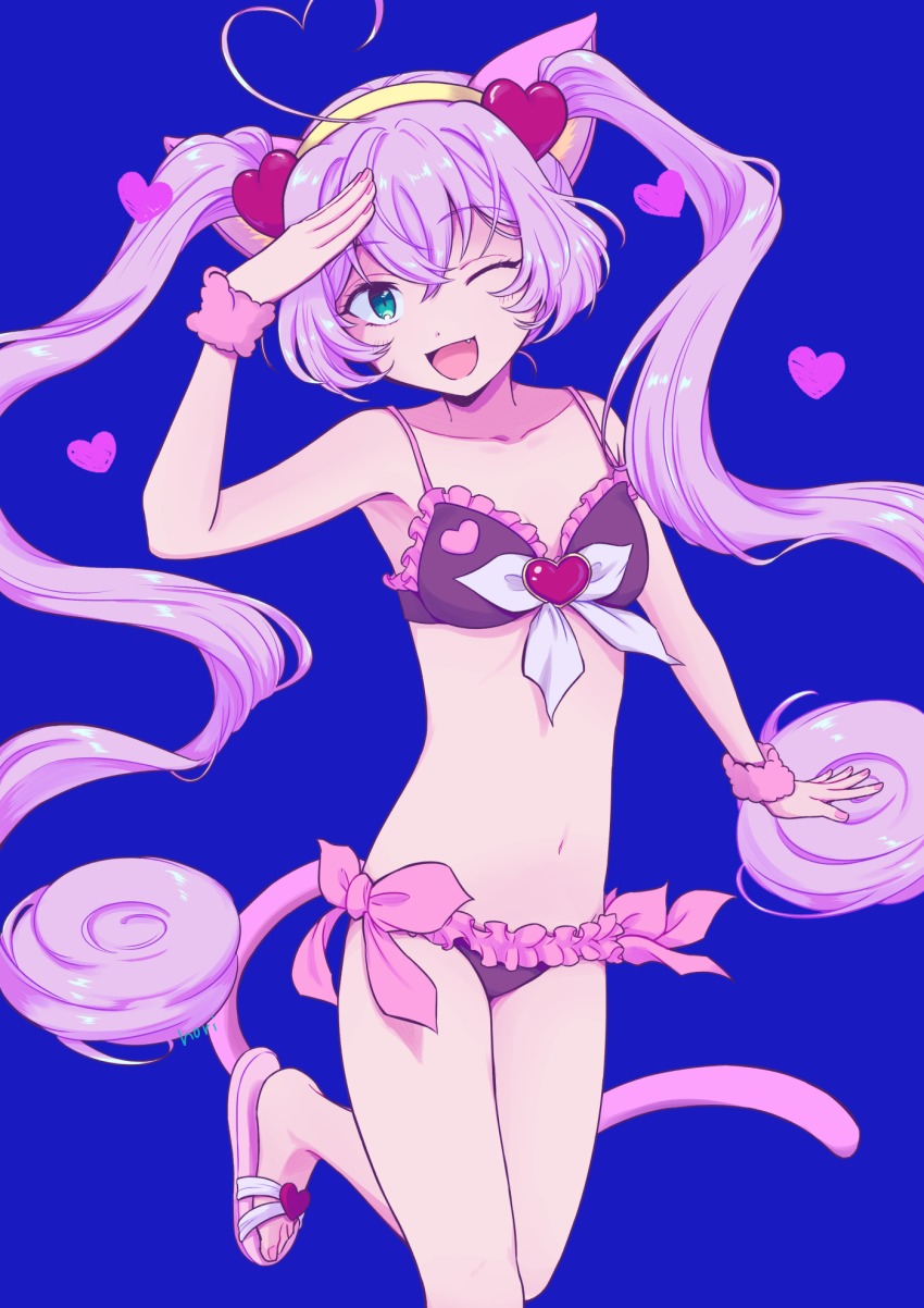 1girl ;d ahoge animal_ears aqua_eyes artist_name bikini black_bikini blue_background cat_ears cat_tail chiyo_nori collarbone fang female_focus frilled_bikini frills hair_between_eyes hairband head_tilt heart heart_ahoge heart_print highres leg_up long_hair looking_at_viewer navel one_eye_closed open_mouth pink_hair rosia_(show_by_rock!!) salute show_by_rock!! smile solo sweatband swimsuit tail twintails very_long_hair