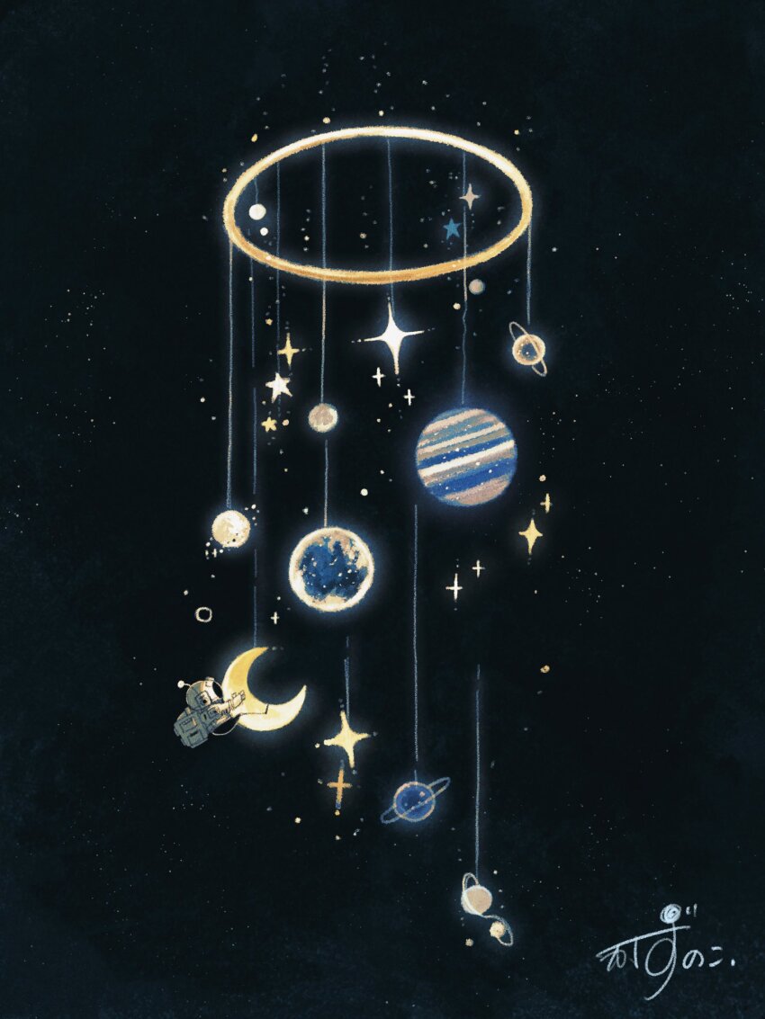 1other artist_name astronaut backpack bag circle commentary crescent_moon gloves hanging helmet highres kazunoko_(kazunoko_zunoco) mini_person mobile moon original planet planetary_ring radio_antenna signature solo space space_helmet sparkle star_(symbol) string white_gloves