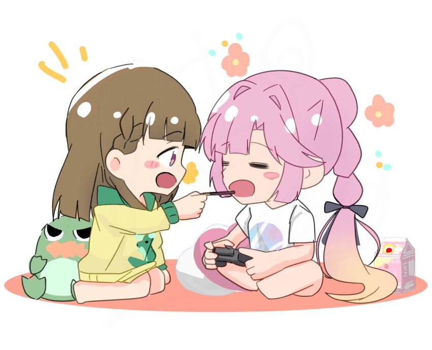2girls :d anyoji_hime anyoji_hime_(summer_loungewear) black_ribbon blonde_hair blunt_sidelocks blush blush_stickers braid brown_hair center-flap_bangs chibi chibi_only controller feeding food game_controller gonzales_(love_live!) gradient_hair hair_intakes hair_ribbon highres holding holding_controller holding_food holding_game_controller holding_pocky hood hoodie indian_style kachimachi_kosuzu kachimachi_kosuzu_(summer_loungewear) kisaragi_yukitora link!_like!_love_live! long_hair looking_at_another love_live! multi-tied_hair multicolored_hair multiple_girls notice_lines open_mouth pink_hair pocky ponytail profile purple_eyes ribbon self-borrowed_hairstyle shirt short_sleeves side_braids sidelocks simple_background sitting smile stuffed_animal stuffed_dinosaur stuffed_toy t-shirt virtual_youtuber white_background white_shirt yellow_hoodie yokozuwari