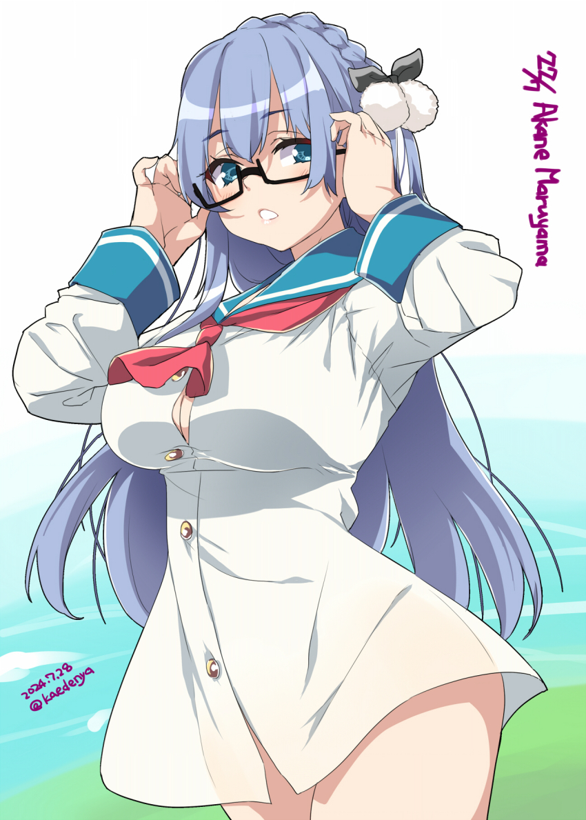1girl 22/7 adjusting_eyewear artist_name atri atri-my_dear_moments- atri_(cosplay) black-framed_eyewear black_bow blue_eyes blue_hair blue_sailor_collar bow braid breasts character_name cleavage cosplay cowboy_shot dated group_name hair_between_eyes hair_bow hair_ornament highres kisairo_kaede light_blue_hair long_hair looking_at_viewer maruyama_akane neckerchief parted_lips rectangular_eyewear red_neckerchief sailor_collar semi-rimless_eyewear shirt single_braid solo under-rim_eyewear white_shirt