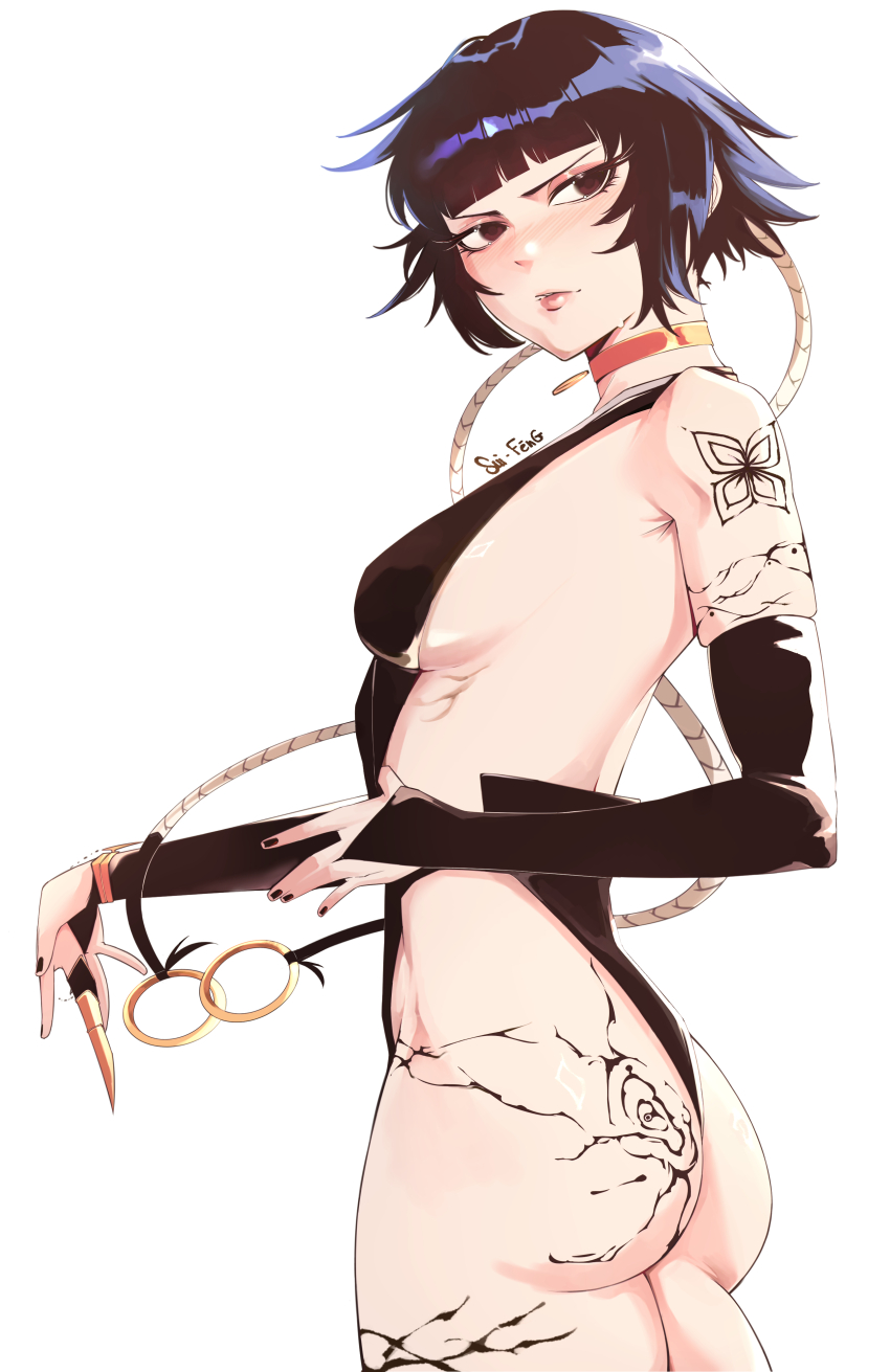 1girl absurdres artist_name ass bare_shoulders black_hair black_leotard bleach breasts choker elbow_gloves female_focus gloves highres jobin_chan leotard light_blush lips markings medium_hair nail_polish shikai shiny_skin sideboob simple_background skindentation small_breasts standing sui-feng suzumebachi_(shikai) white_background