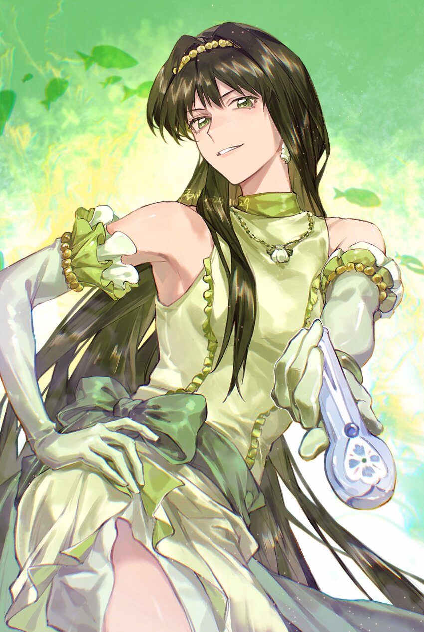1girl bare_shoulders bead_hairband bow commentary cowboy_shot dress earrings elbow_gloves frilled_dress frilled_gloves frills gloves green_bow green_dress green_eyes green_gloves green_hair green_sash hand_on_own_hip highres holding holding_microphone jewelry long_hair looking_at_viewer mermaid_melody_pichi_pichi_pitch microphone necklace outstretched_arm parted_lips sash shell shell_necklace side_slit sleeveless sleeveless_dress smile solo symbol-only_commentary touin_rina touin_rina_(idol) turtleneck turtleneck_dress waist_bow xuchuan