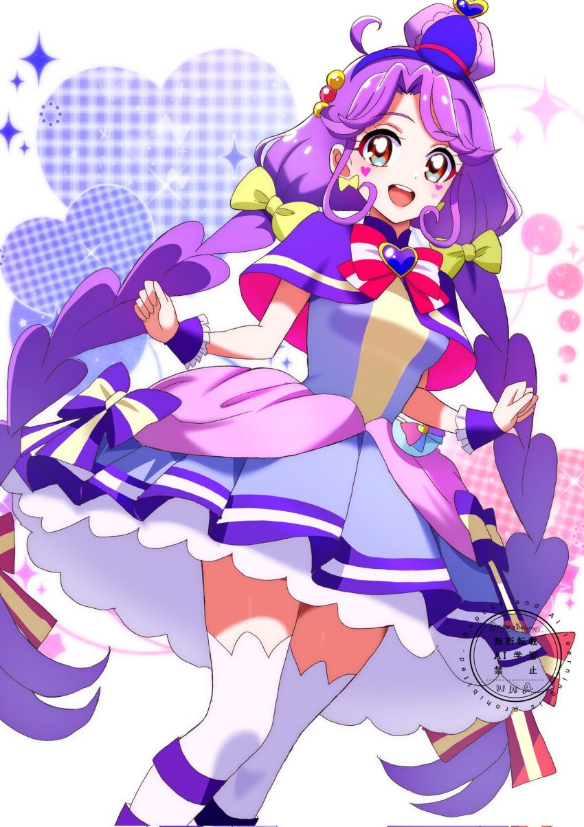 1girl :d ahoge artist_name blue_hairband bow bow_earrings braid breasts brooch capelet chest_bow clenched_hands color_connection commentary cosplay cowboy_shot cure_coral cure_friendy cure_friendy_(cosplay) deerstalker dot_nose dress dress_bow earrings facial_mark four-pointed_star frilled_wrist_cuffs frills hair_bobbles hair_bow hair_ornament hairband hat hat_ornament heart heart_background heart_brooch heart_facial_mark heart_hat_ornament highres jewelry legs_together long_hair looking_at_viewer low_twin_braids magical_girl medium_breasts momotarouooi multi-tied_hair multiple_hair_bows open_mouth orange_eyes pact_holder petticoat pink_bow plaid_background precure purple_bow purple_capelet purple_dress purple_hair purple_hat short_dress sleeveless sleeveless_dress smile solo standing striped_bow suzumura_sango teeth thighhighs tilted_headwear tropical-rouge!_precure twin_braids twitter_username upper_teeth_only very_long_hair watermark white_background white_petticoat white_thighhighs wonderful_pact wonderful_precure! wrist_cuffs yellow_bow zettai_ryouiki