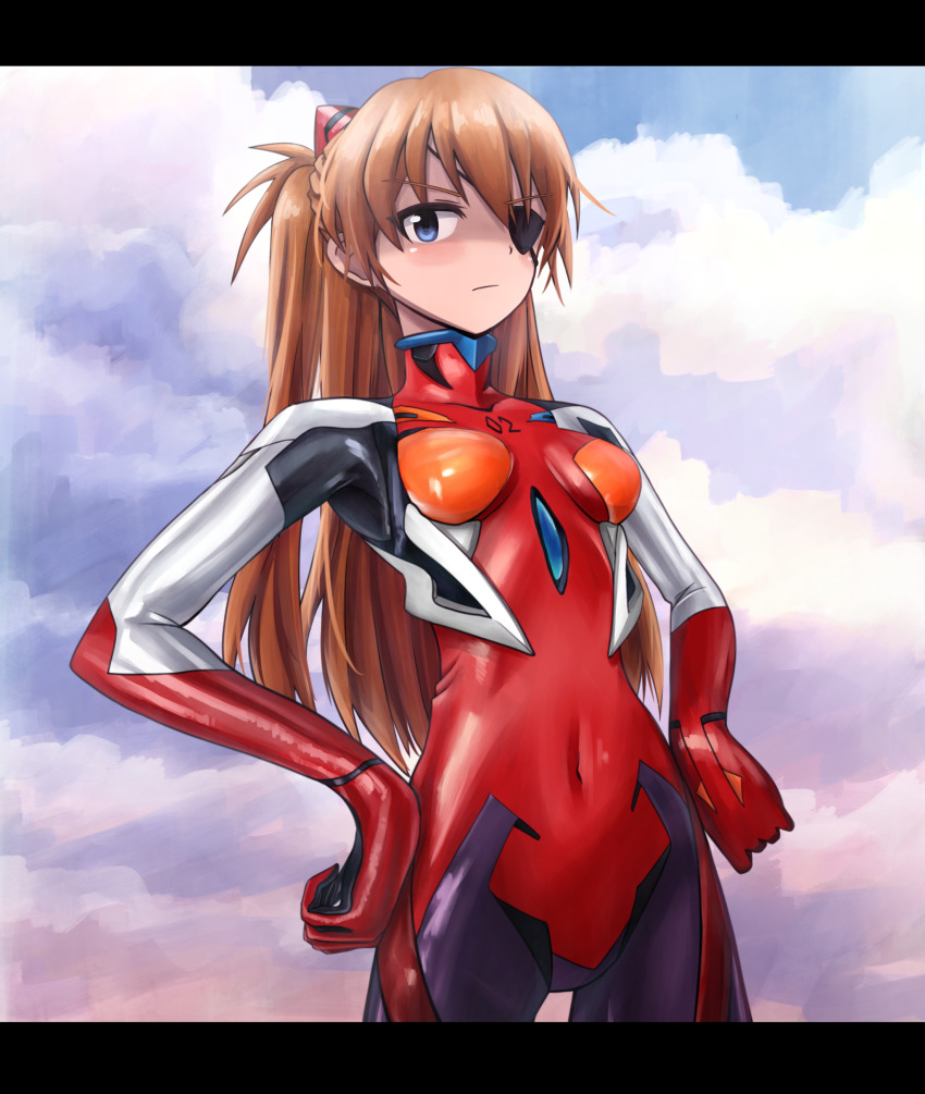 1girl absurdres brown_hair cloud eyepatch hands_on_own_hips highres interface_headset_(evangelion) kk90 letterboxed looking_at_viewer mecha_pilot_suit neon_genesis_evangelion plugsuit_(evangelion) sky solo souryuu_asuka_langley twintails