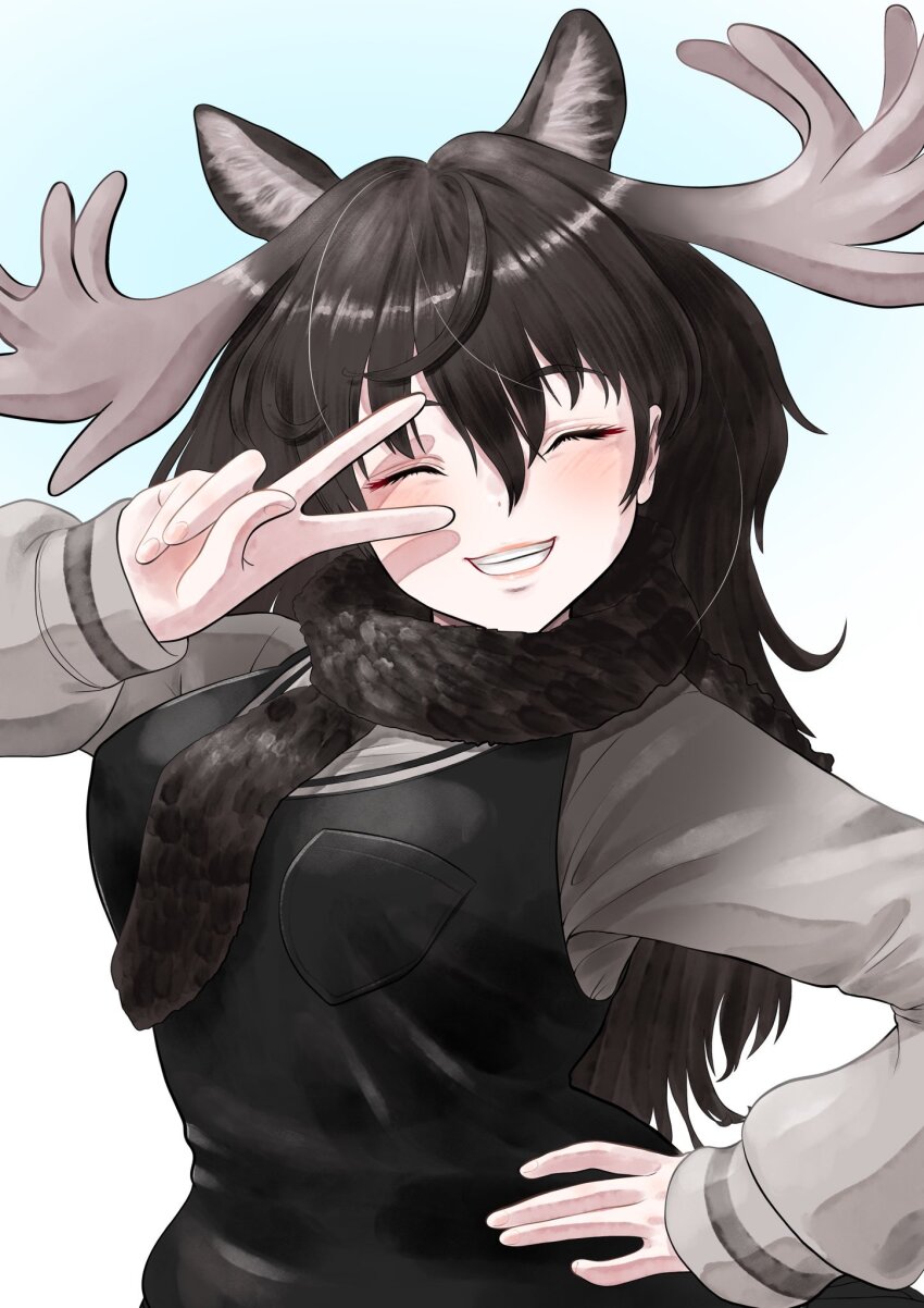 1girl aburaeoyaji animal_ears antlers blush brown_hair brown_scarf brown_sweater brown_vest closed_eyes extra_ears hair_between_eyes hand_on_own_hip highres horns kemono_friends long_hair long_sleeves moose_(kemono_friends) moose_antlers moose_ears moose_girl scarf sidelocks smile solo sweater upper_body v vest
