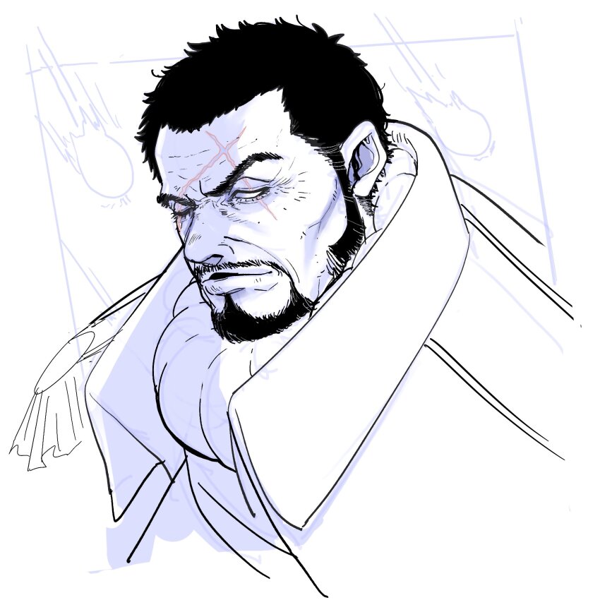 1boy blind cropped_torso facial_hair facing_viewer fujitora_(one_piece) greyscale highres long_sideburns male_focus mature_male monochrome mustache_stubble octo33 one_piece scar scar_across_eye scar_on_face scar_on_forehead short_hair sideburns simple_background sketch smirk solo stubble unusually_open_eyes wrinkled_skin