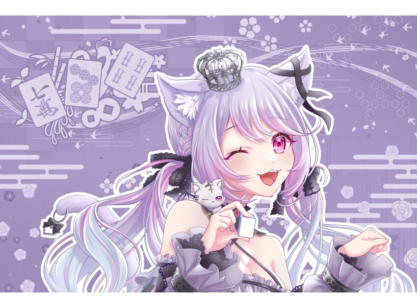 1girl animal_ears black_bow black_collar black_ribbon black_shirt blush bow breasts cat_ears cleavage collar commentary_request criss-cross_halter crown detached_collar ear_ribbon frilled_shirt frills hair_bow halterneck highres holding holding_mahjong_tile ina_uruu letterboxed long_hair looking_at_viewer low_twintails mahjong mahjong_tile medium_breasts mini_crown multicolored_hair nanashi_inc. one_eye_closed open_mouth outline pink_eyes pink_hair purple_hair reona_kfc02 ribbon shirt smile solo twintails two-tone_hair upper_body virtual_youtuber white_outline wiink