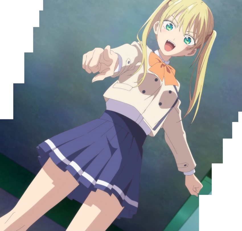 1girl anime_screenshot blazer blonde_hair blue_skirt bow bowtie breasts dot_nose fangs female_focus green_eyes highres hoshizaki_rika_(kanojo_mo_kanojo) jacket kanojo_mo_kanojo large_breasts legs long_hair long_sleeves looking_at_viewer miniskirt open_mouth orange_bow orange_bowtie pleated_skirt pointing pointing_at_viewer school_uniform shirt shirt_tucked_in skirt solo solo_focus stitched teeth thighs third-party_edit twintails upper_teeth_only white_shirt