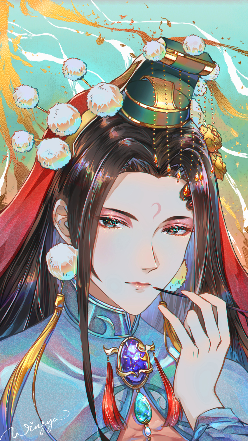 1boy absurdres applying_makeup aqua_background black_eyes black_hair blue_capelet brooch capelet chinese_clothes chinese_commentary closed_mouth curtained_hair earrings eyeshadow facial_mark farewell_my_concubine_(the_tale_of_food) forehead_mark gem hair_ornament hand_up headdress highres holding holding_brush jewelry lips lipstick long_hair looking_at_viewer makeup male_focus neck_tassel parted_bangs peking_opera pink_eyeshadow pink_lips pom_pom_(clothes) pom_pom_earrings pom_pom_hair_ornament portrait purple_gemstone red_veil solo spongexxwing tassel tassel_earrings the_tale_of_food veil
