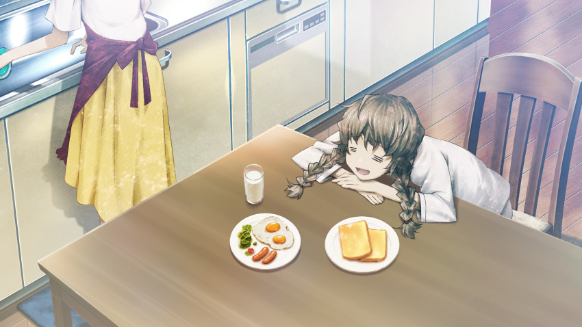 =_= amane_suzuha amane_yuki apron back_bow bow braid bread bread_slice breakfast brown_hair chair cherry_tomato day egg_(food) egg_yolk food from_above from_behind game_cg glass hair_between_eyes hair_tie head_on_hands head_on_table head_out_of_frame highres huke indoors kitchen leaning_forward lettuce long_skirt milk mother_and_daughter non-web_source official_art open_mouth pajamas plate red_apron red_bow sausage shiny_lips shirt short_sleeves sitting skirt standing steins;gate steins;gate:_linear_bounded_phenogram table toast tomato tongue twin_braids twintails white_pajamas white_shirt wide_sleeves wooden_chair wooden_floor wooden_table yellow_skirt