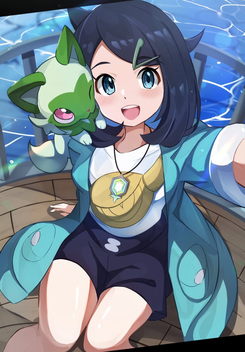 1girl black_hair black_shorts blue_eyes blush coat eyelashes hair_ornament hairclip highres jacket liko_(pokemon) long_sleeves looking_at_viewer nintendo open_clothes open_jacket open_mouth pokemon pokemon_(anime) pokemon_(creature) pokemon_horizons shiny_skin shirt shorts smile sprigatito teeth thighs umiru upper_teeth_only white_shirt