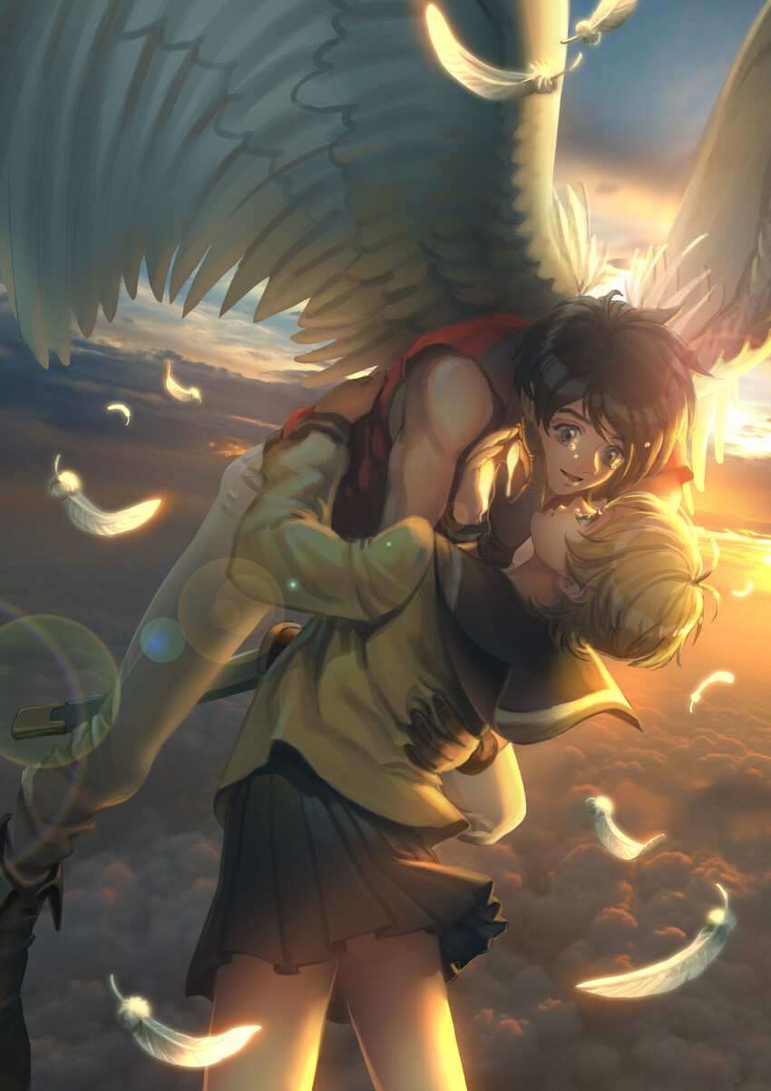 1boy 1girl absurdres angel_wings antenna_hair asymmetrical_hair bare_arms black_footwear black_gloves black_hair black_sailor_collar black_skirt blonde_hair blue_sky boots brown_eyes closed_mouth cloud cloudy_sky commentary crying crying_with_eyes_open english_commentary eye_contact falling_feathers feathered_wings feathers floating_tears flying gloves green_eyes happy_tears highres hug kanzaki_hitomi lens_flare logosles long_sleeves looking_at_another open_mouth orange_sky outdoors pants photo_background pleated_skirt red_shirt sailor_collar scabbard school_uniform serafuku sheath shirt skirt sky sleeveless sleeveless_shirt smile tears tenkuu_no_escaflowne toned toned_male tongue van_fanel white_feathers white_pants white_wings wings yellow_shirt