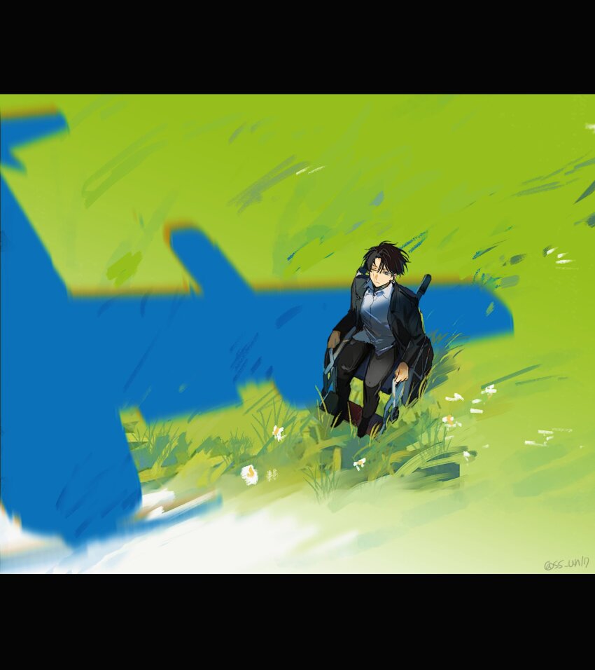 1boy aircraft airplane biplane black_hair black_jacket black_pants collared_shirt flower grass hair_between_eyes highres jacket levi_(shingeki_no_kyojin) looking_up male_focus one_eye_closed pants parted_bangs shingeki_no_kyojin shirt sitting solo ss_un17 wheelchair white_flower white_shirt
