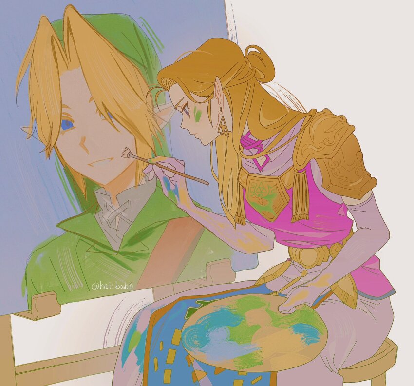 1girl artist_name belt blonde_hair blue_eyes canvas_(object) chair dress earrings elbow_gloves fine_art_parody gloves gold gold_earrings gold_trim green_hat green_tunic hat hat_babo highres holding holding_paintbrush jewelry link long_hair looking_at_mirror mirror multicolored_dress nintendo on_chair paint paintbrush paint_palette parody pointy_ears princess_zelda purple_dress shoulder_pads simple_background sitting sleeveless sleeveless_dress solo the_legend_of_zelda the_legend_of_zelda:_ocarina_of_time tunic white_background white_dress white_gloves