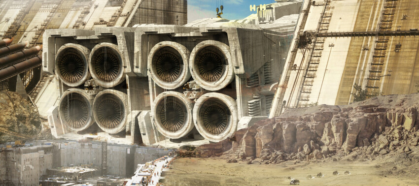 absurdres choujikuu_yousai_macross coldesign commentary engine english_commentary highres macross mecha no_humans official_art production_art realistic redesign repairing robot robotech robotech:_the_motion_picture science_fiction sdf-1 south_ataria spacecraft thrusters u.n._spacy