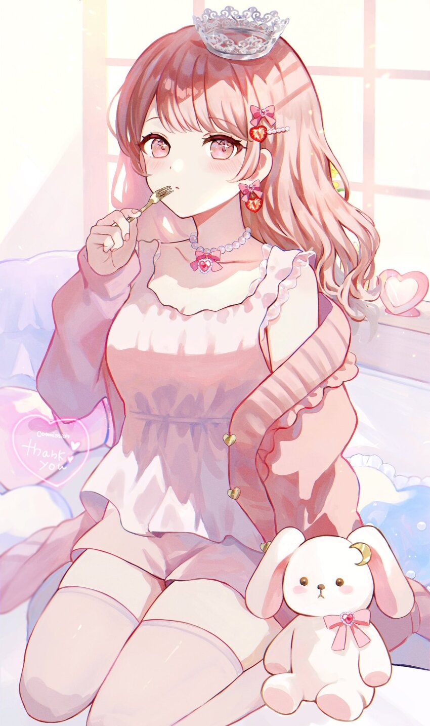 1girl bare_shoulders blush borrowed_character breasts brown_hair cleavage closed_mouth collarbone commentary commission crown fork hair_ribbon hand_up heart highres holding holding_fork ilis_0226 indoors jacket jewelry long_hair long_sleeves looking_at_viewer necklace open_clothes open_jacket original pillow pink_eyes pink_jacket pink_ribbon pink_shirt pink_shorts pink_thighhighs ribbon shirt shorts sitting skeb_commission sleeveless sleeveless_shirt solo stuffed_animal stuffed_rabbit stuffed_toy symbol-only_commentary thank_you thighhighs wariza window