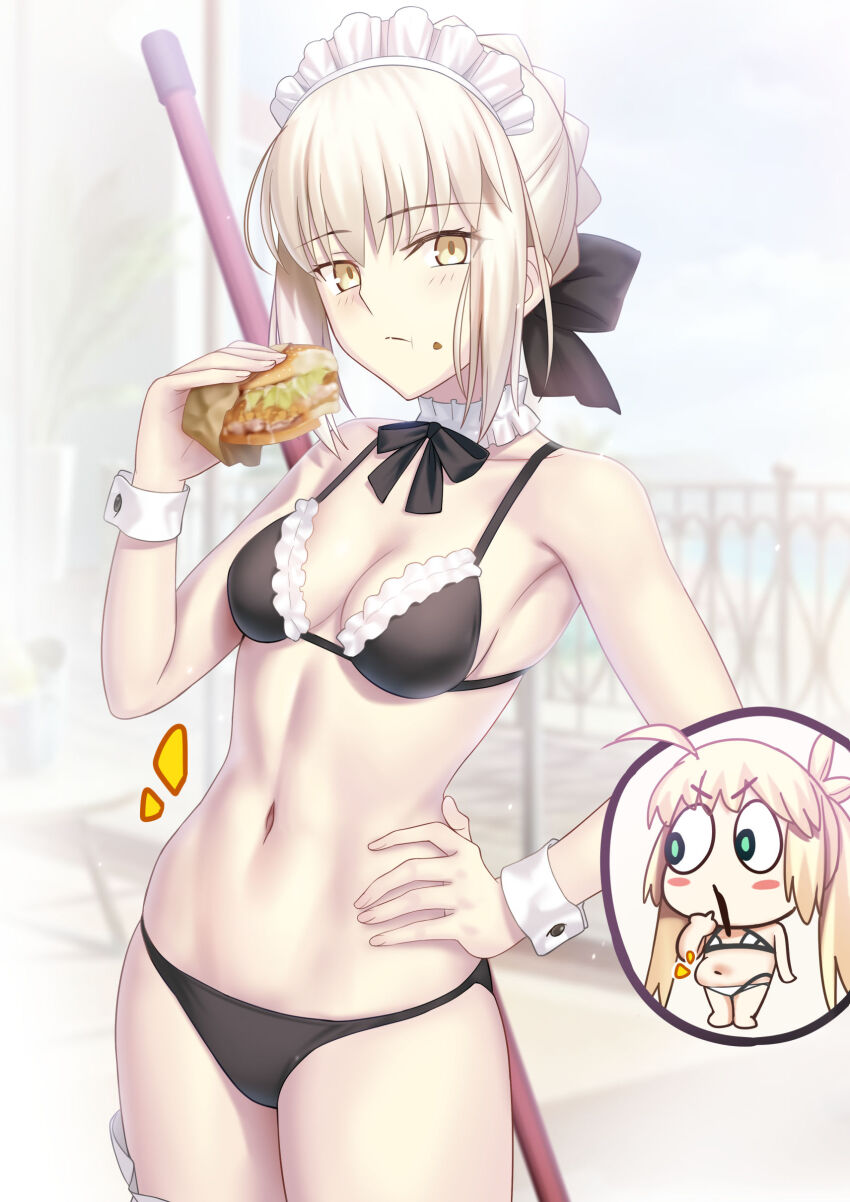 1girl absurdres artoria_caster_(fate) artoria_caster_(swimsuit_berserker)_(fate) artoria_caster_(swimsuit_berserker)_(first_ascension)_(fate) artoria_pendragon_alter_(swimsuit_rider)_(fate) artoria_pendragon_alter_(swimsuit_rider)_(second_ascension)_(fate) artoria_pendragon_(fate) besmiled bikini black_bikini blonde_hair braid breasts burger chibi choker eating fate/grand_order fate_(series) food frilled_bikini frilled_choker frills highres looking_at_viewer maid maid_headdress mop navel ribbon saber_alter short_hair small_breasts solo swimsuit yellow_eyes