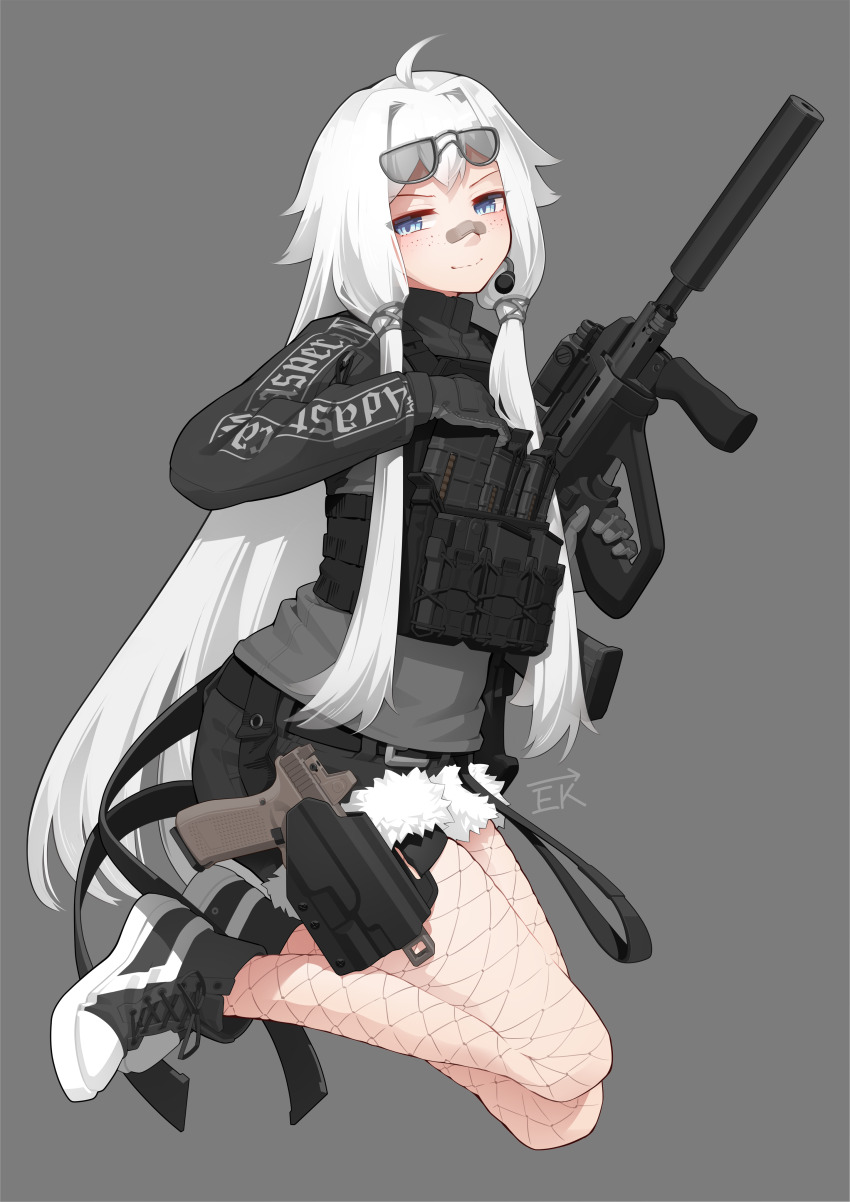 1girl absurdres ahoge ammunition_pouch assault_rifle bandaid bandaid_on_face bandaid_on_nose black_gloves black_shirt black_shoes black_shorts blue_eyes body_armor breasts bulletproof_vest bullpup compensator fishnet_pantyhose fishnets foregrip freckles glock gloves grey_background gun handgun highres holding holding_gun holding_weapon holster jumping light_smile long_hair long_sleeves magazine_(weapon) microphone original pantyhose pouch red_dot_sight rifle shirt shoes shorts simple_background smile sneakers solo steyr_aug suppressor trigger_discipline vectorek vertical_foregrip very_long_hair weapon white_hair