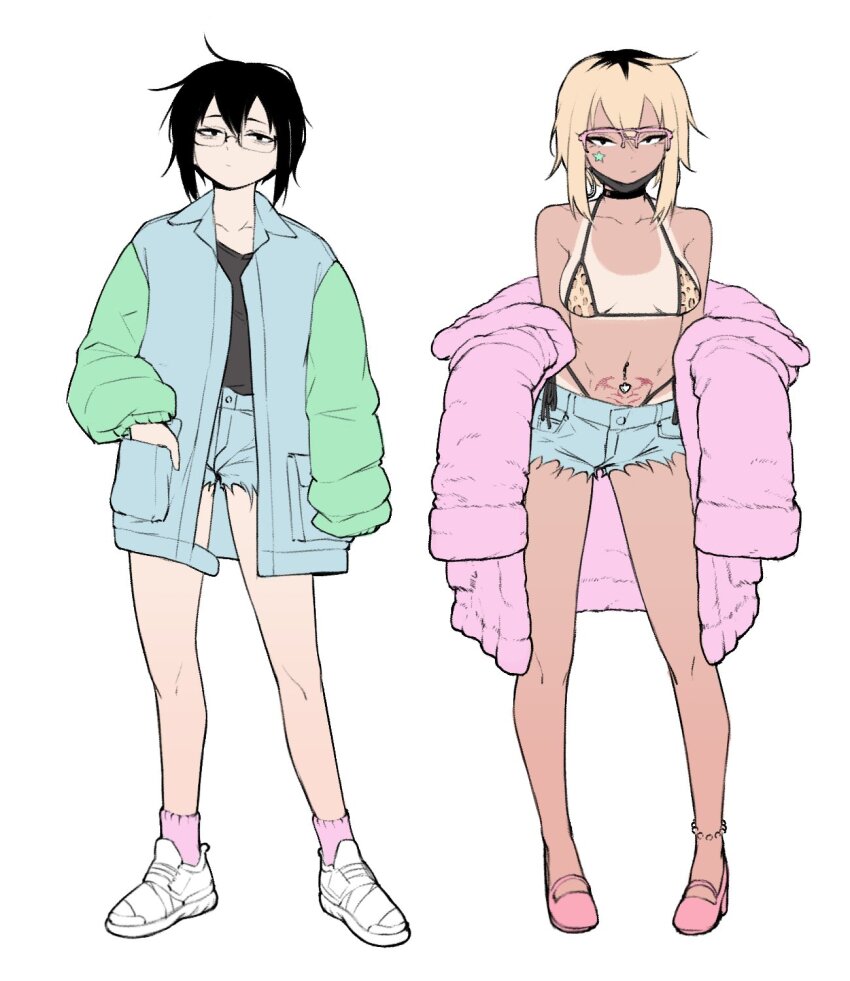 2girls anklet bikini bikini_tan black_hair blonde_hair breasts choker commentary dual_persona english_commentary fur_jacket glasses gyaru hand_in_pocket highleg highleg_bikini highres jacket jewelry multicolored_hair multicolored_jacket multiple_girls navel navel_piercing original piercing pink_hair pink_socks pubic_tattoo roots_(hair) short_shorts shorts sleeves_past_wrists small_breasts socks swimsuit tan tanline tattoo two-tone_hair two-tone_jacket yblndr