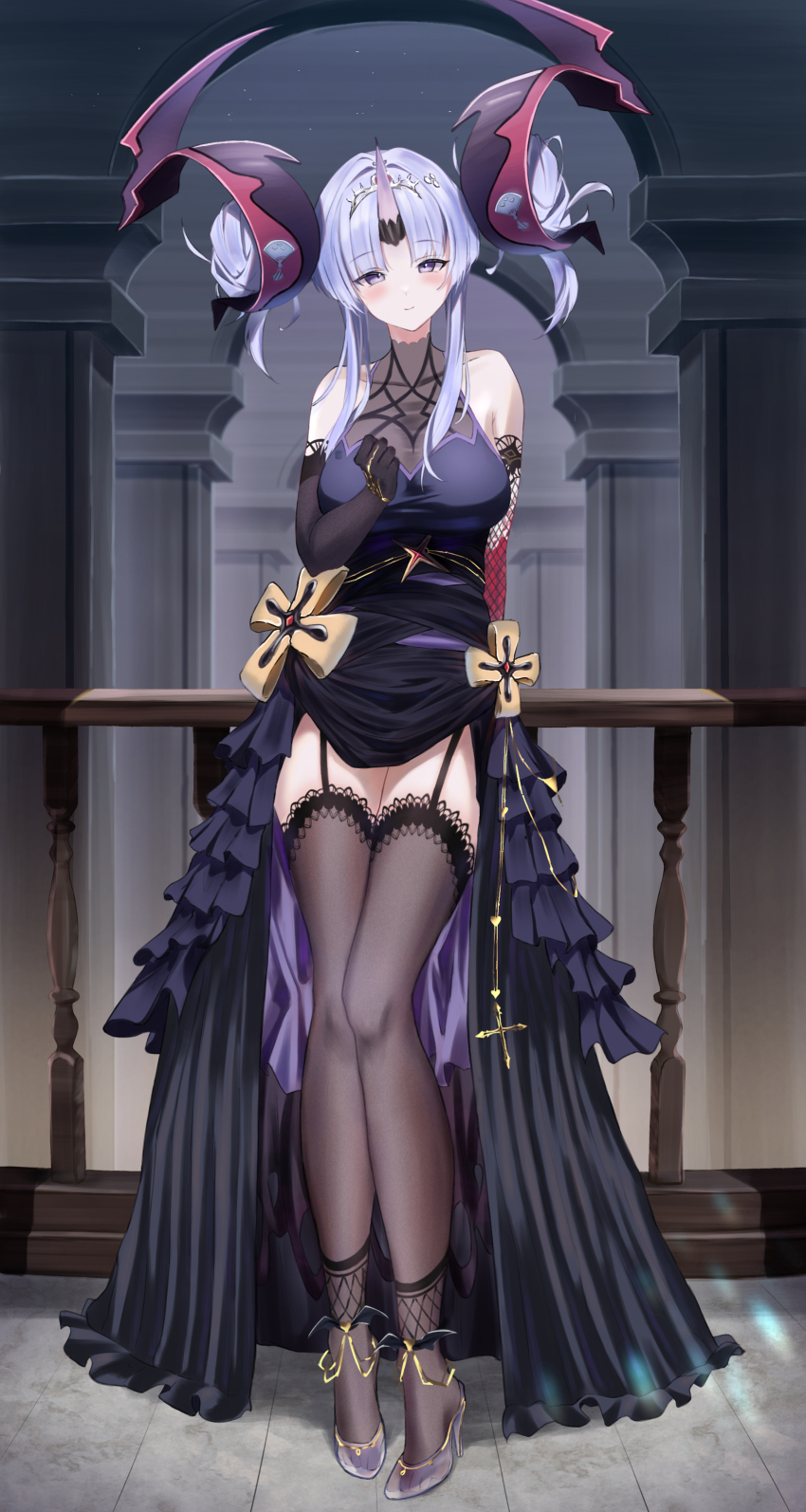1girl absurdres azur_lane bare_shoulders black_dress black_garter_straps black_gloves black_thighhighs blue_hair blush breasts closed_mouth double_bun dress elbow_gloves full_body garter_straps gloves hair_bun high_heels highres horns huge_hair_bun lace lace-trimmed_thighhighs lace_trim large_breasts long_dress official_alternate_costume parted_bangs purple_eyes rubisco see-through_clothes see-through_footwear single_horn sleeveless sleeveless_dress smile solo thighhighs watarase_(azur_lane) watarase_(garments_of_everlasting_magic)_(azur_lane)