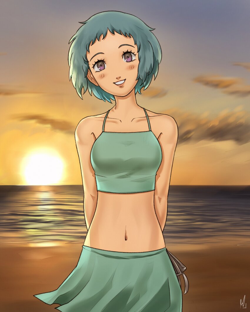 1girl absurdres aqua_bikini aqua_hair beach bikini blush breasts cloud cloudy_sky highres looking_at_viewer medium_breasts ocean persona persona_3 short_hair sky smile stomach summer sun sunset swimsuit water xeeoh yamagishi_fuuka