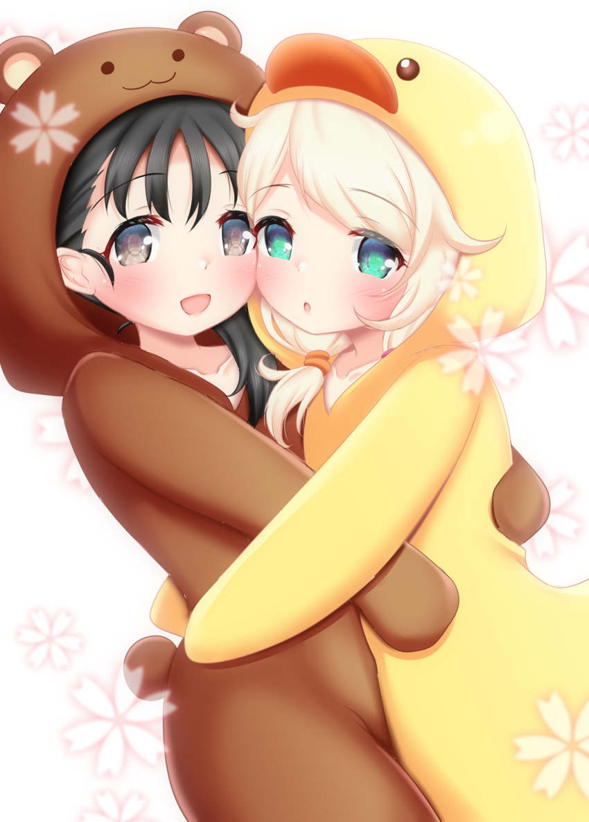 2girls animal_costume bear_costume bear_tail black_hair blonde_hair blush check_commentary cheek-to-cheek child collarbone commentary_request duck_costume floral_print fukuyama_mai green_eyes grey_eyes heads_together highres hosizora_mikoto hug idolmaster idolmaster_cinderella_girls long_hair looking_at_viewer multiple_girls open_mouth smile tail white_background yusa_kozue