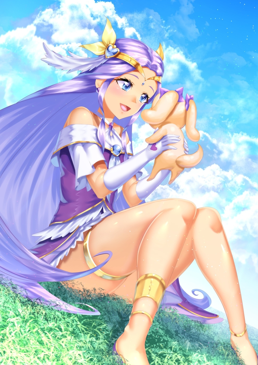 1girl :d absurdres animal anklet bare_legs barefoot blue_eyes blue_sky bow circlet cloud cure_earth curecycadura day dog dress earrings elbow_gloves floating_hair fuurin_asumi gloves grass hair_bow hair_intakes hair_ornament healin&#039;_good_precure heart heart_hair_ornament highres holding holding_animal jewelry latte_(precure) long_hair off-shoulder_dress off_shoulder open_mouth outdoors precure purple_dress purple_hair short_dress sitting skindentation sky smile thighlet very_long_hair white_gloves yellow_bow