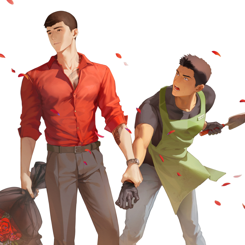 2boys ao_isami apron arm_tattoo bara belt black_belt black_gloves black_hair black_pants bouquet closed_mouth couple falling_petals flower gloves green_apron highres holding holding_another&#039;s_wrist holding_bouquet large_pectorals looking_at_another male_focus multiple_boys muscular muscular_male open_mouth pants pectorals petals poyosoftware red_petals red_shirt rose ryuji_satake shirt short_hair simple_background tattoo white_background yaoi yuuki_bakuhatsu_bang_bravern