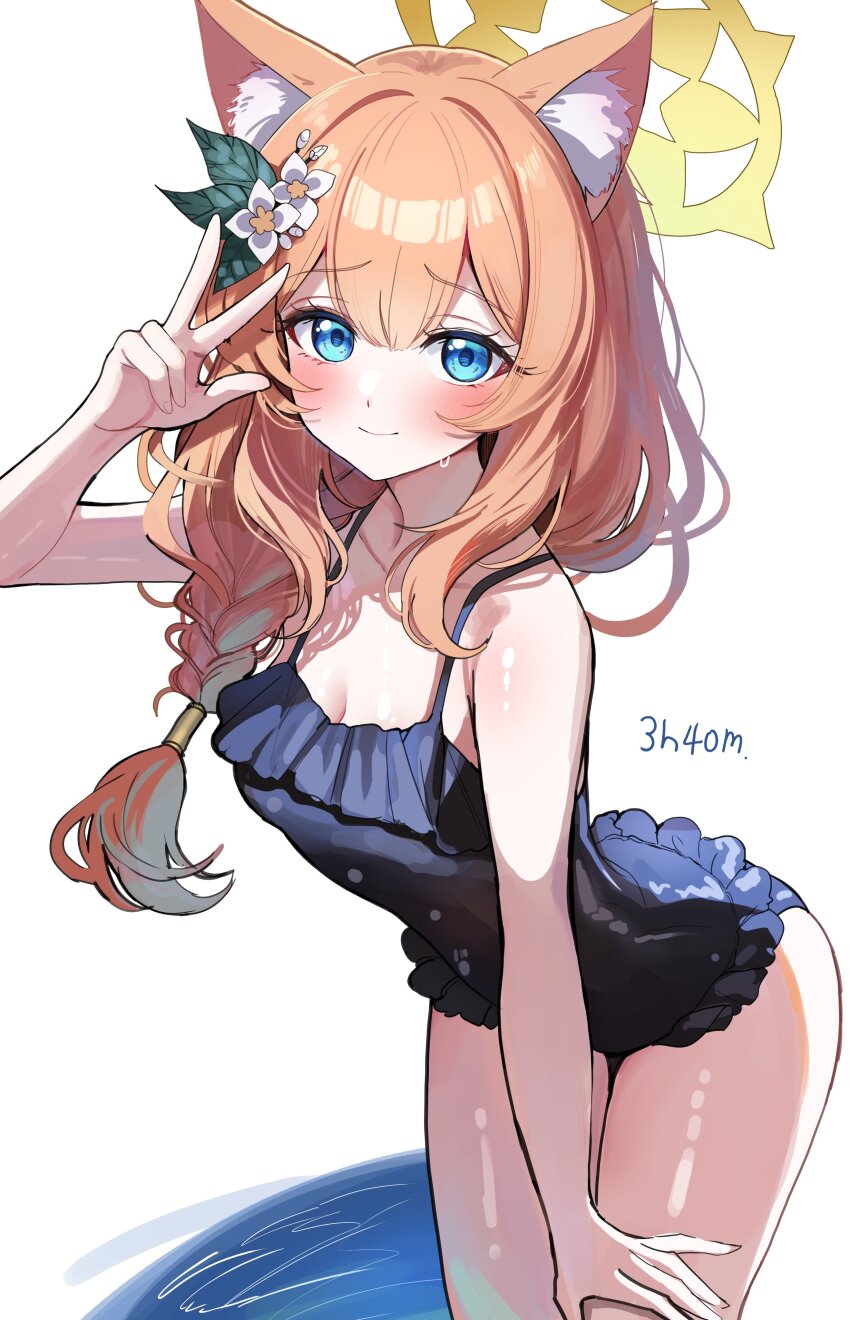 1girl absurdres alternate_costume animal_ear_fluff animal_ears black_one-piece_swimsuit blue_archive blue_eyes blush braid breasts casual_one-piece_swimsuit cat_ears cat_girl cleavage closed_mouth collarbone commentary flower frilled_one-piece_swimsuit frills hair_between_eyes hair_flower hair_ornament hair_tubes halo hand_on_own_thigh hand_up highres leaning_forward long_hair looking_at_viewer mari_(blue_archive) mari_(swimsuit)_(blue_archive) medium_breasts one-piece_swimsuit orange_hair sak_(lemondisk) simple_background single_braid single_hair_tube smile solo swimsuit w white_background yellow_halo