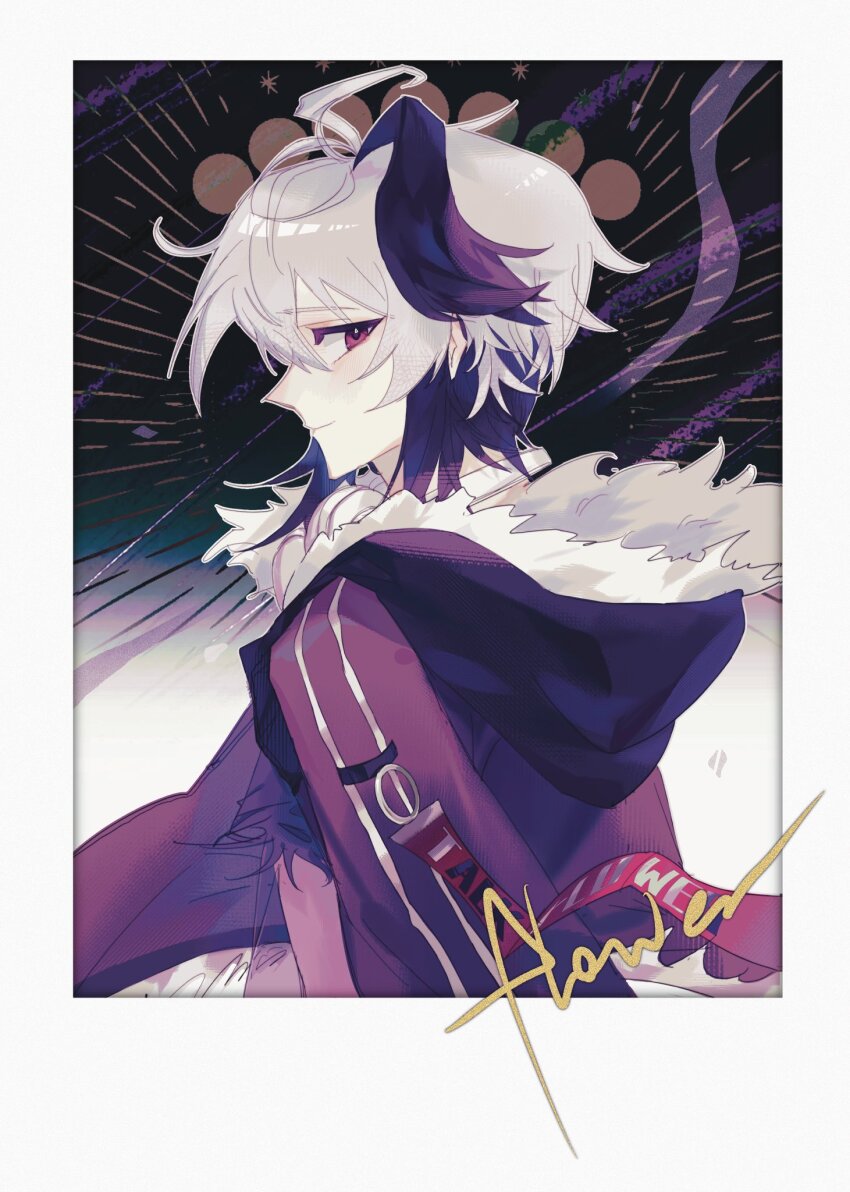 1girl ahoge androgynous black_hair character_name crop_top cropped_shirt flower_(gynoid_talk) flower_(vocaloid) from_side fur_trim headphones highres jacket looking_at_viewer messy_hair multicolored_hair open_clothes open_jacket purple_eyes purple_jacket purple_shirt see-through_clothes shirt short_hair short_hair_with_long_locks tomboy torn_clothes torn_shirt two-tone_hair veither913zeg vocaloid white_hair