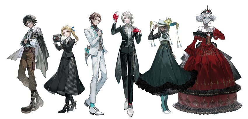 3boys 3girls absurdres alice_deross alternate_costume aqua_pantyhose aqua_socks argyle arm_behind_back ascot back_bow belt belt_boots belt_pouch bird_mask black_choker black_coat black_footwear black_gloves black_hair black_headwear black_jacket black_nails black_pants black_shirt black_skirt black_sleeves black_undershirt black_veil blonde_hair blue_eyes blue_necktie blue_ribbon boots bow bowtie brooch brown_belt brown_eyes brown_hair brown_pants brown_vest camera center_frills choker cleavage_cutout closed_mouth clothing_cutout coat collared_shirt colored_skin cross-laced_footwear crossed_arms crown cup curly_hair curtained_hair dress dress_shirt dress_shoes drinking_glass earrings expressionless fishnet_gloves fishnets floating_earrings flower formal_clothes frederick_kreiburg frilled_skirt frilled_sleeves frills full_body gloves gown green_ascot green_skirt grey_bow grey_bowtie grey_eyes grey_skin grey_vest hair_between_eyes hair_ribbon hair_rings hair_slicked_back hand_on_headwear hand_on_own_chest hat hat_flower hat_tassel high-waist_skirt high_heel_boots high_heels highres holding holding_camera holding_cup holding_mask identity_v jacket jacket_on_shoulders jewelry juliet_sleeves lace lace_sleeves lapel_pin lapels long_hair long_skirt long_sleeves looking_at_viewer low_ponytail mary_(identity_v) mask medium_hair melly_plinius monocle multicolored_skin multiple_boys multiple_girls mura_karuki nail_polish necklace necktie newsboy_cap norton_campbell notched_lapels off-shoulder_dress off_shoulder official_art open_clothes open_collar open_jacket orange_eyes orpheus_(identity_v) oxfords pale_skin pants pantyhose parted_bangs pendant_choker plaid_clothes plaid_skirt ponytail pouch puffy_sleeves red_dress red_gloves red_socks ribbon scar scar_on_face shirt shoes short_hair simple_background skirt sleeve_cuffs smile socks standing stitched_arm stitched_face stitches suspenders swept_bangs tailcoat tassel thigh_pouch three-quarter_sleeves undershirt veil veil_over_eyes vest wallet_chain white_ascot white_background white_footwear white_hair white_headwear white_jacket white_pants white_shirt wine_glass yellow_flower