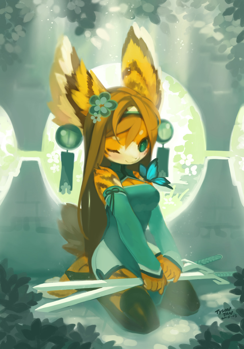 1girl 2015 absurdres animal_ears bike_shorts black_leggings brick_floor brown_hair building bush china_dress chinese_clothes chinese_commentary closed_mouth commentary dappled_sunlight digitigrade dress dust earrings elbow_gloves english_commentary fingerless_gloves flower forest gloves green_dress green_eyes hairband headgear highres holding holding_sword holding_weapon indoors jewelry kneeling krita_(medium) leaf leggings long_hair looking_at_animal nature one_eye_closed orange_fur original rabbit rabbit_ears rabbit_girl rabbit_tail scenery signature smile spirit_animals_in_disguise striped_fur sunlight sword tail three_quarter_view tree tyson_tan weapon