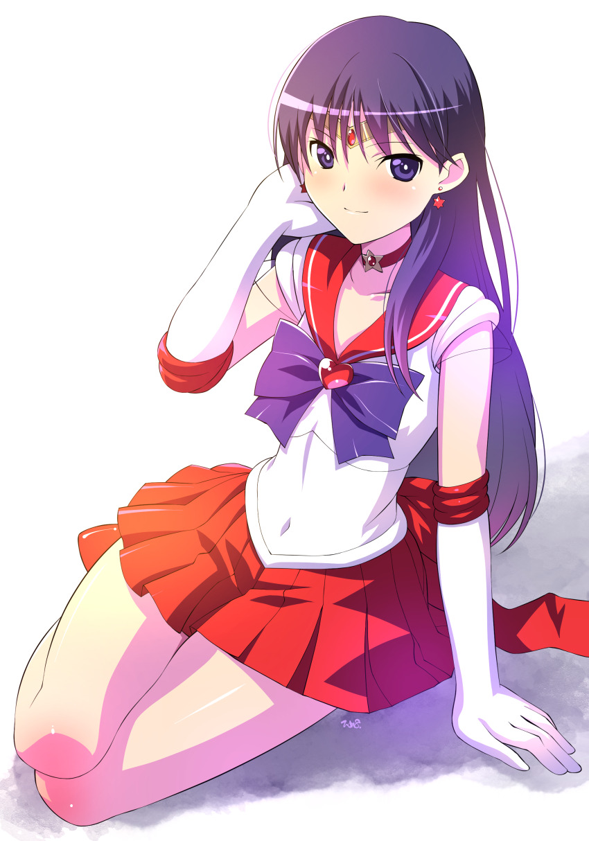 1girl absurdres bishoujo_senshi_sailor_moon black_hair bow bright_pupils choker circlet closed_mouth collarbone covered_navel earrings elbow_gloves gloves hair_between_eyes hand_up heart highres himehachi_(hime8manga) hino_rei jewelry long_hair magical_girl miniskirt pleated_skirt purple_bow purple_eyes red_choker red_sailor_collar red_skirt sailor_collar sailor_mars sailor_senshi_uniform shirt sitting skirt sleeveless sleeveless_shirt smile solo star_(symbol) star_choker super_sailor_mars white_gloves white_pupils white_shirt