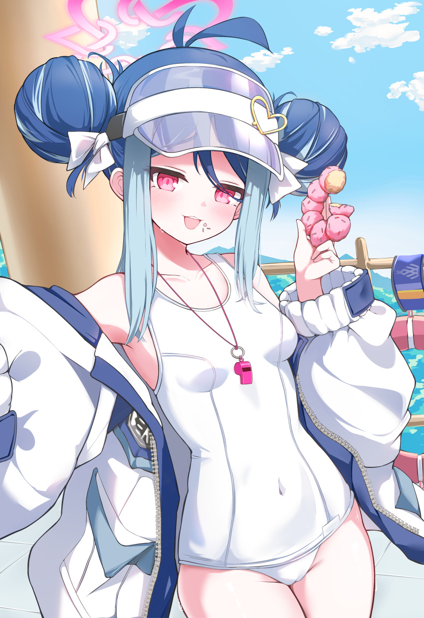 1girl absurdres antenna_hair blue_archive blue_hair blush breasts cameltoe covered_navel cowboy_shot day donut double_bun food food_on_face fubuki_(blue_archive) fubuki_(swimsuit)_(blue_archive) hair_bun halo heart highres holding holding_donut holding_food hooming_illust jacket lifebuoy loli long_sleeves looking_at_viewer multicolored_hair official_alternate_costume official_alternate_hairstyle one-piece_swimsuit open_clothes open_jacket open_mouth outdoors pink_halo red_eyes school_swimsuit sidelocks small_breasts solo sweat swim_ring swimsuit two-tone_hair visor_cap whistle whistle_around_neck white_one-piece_swimsuit