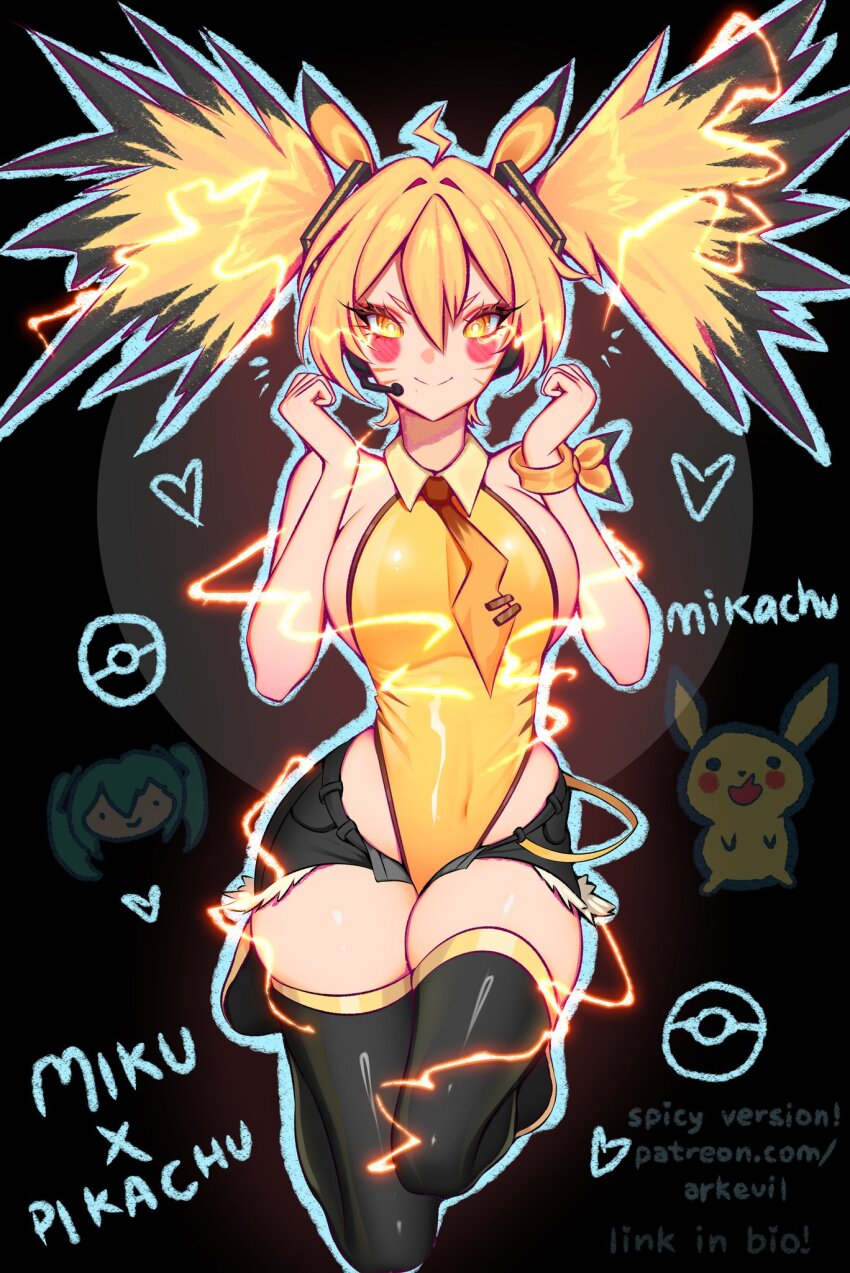 1girl ark_evil02 bare_shoulders black_background black_hair black_shorts black_thighhighs blonde_hair blush_stickers breasts collared_leotard cosplay english_text gen_1_pokemon hatsune_miku highres large_breasts leotard multicolored_hair necktie nintendo pikachu pikachu_(cosplay) pokemon shiny_clothes shorts thighhighs tie_clip twintails two-tone_hair vocaloid yellow_eyes yellow_leotard yellow_necktie