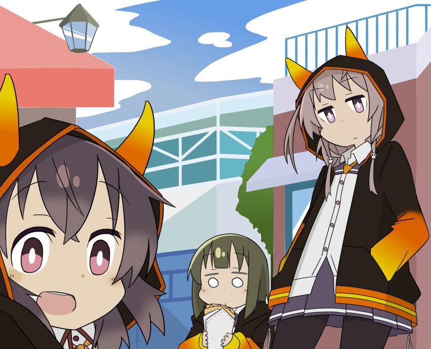 3girls asakura_mihono ban_tsugumi black_jacket black_pantyhose brown_hair building closed_mouth collared_shirt crepe day food gradient_clothes green_hair grey_hair hands_in_pockets highres holding holding_crepe holding_food hood hood_down hood_up hooded_jacket horned_hood horns jacket kazuemon long_sleeves looking_at_viewer minoseki_gakuin_uniform multiple_girls o_o open_clothes open_jacket open_mouth outdoors pantyhose pleated_skirt purple_eyes purple_skirt renpu_girls_school_uniform school_uniform shichinosato_kofuki shirt short_hair skirt standing toji_no_miko white_shirt winter_uniform